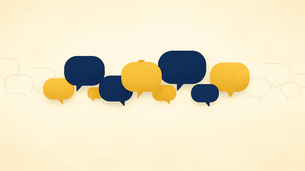 A long horizontal ribbon of blank message bubbles in gold and navy, running across the frame and thinning to faint outlines at both ends