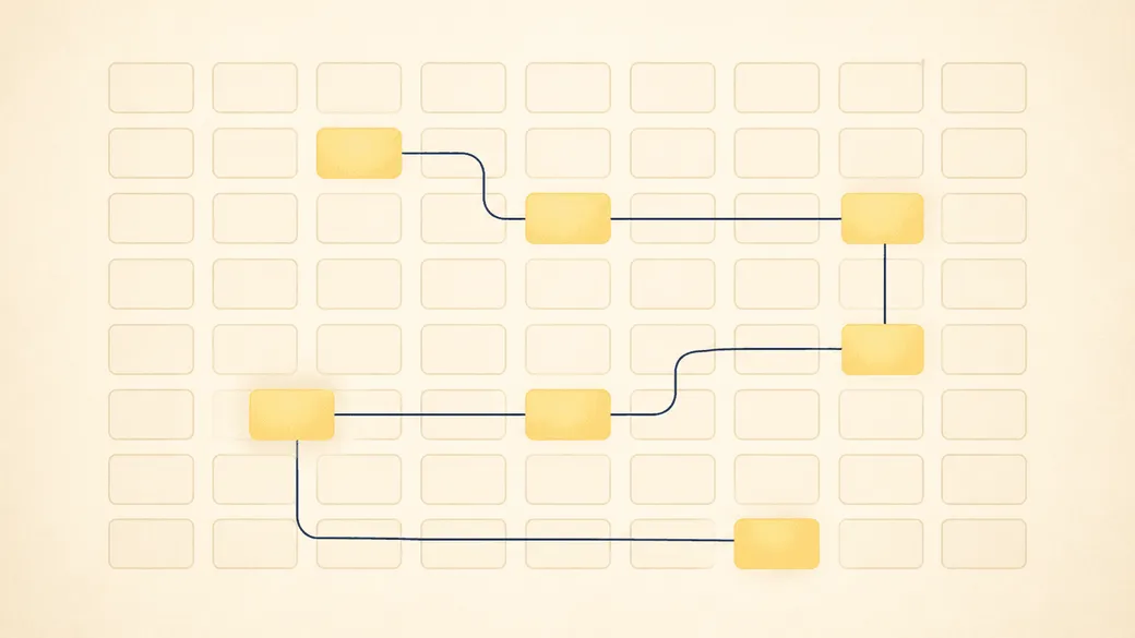 A grid of pale dormant records with a handful lit up in gold, joined by a single navy line tracing a path between them