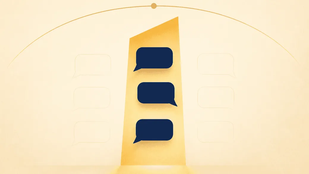 A narrow doorway of gold light holding three message bubbles, with the same bubbles faded to empty outlines on either side of it