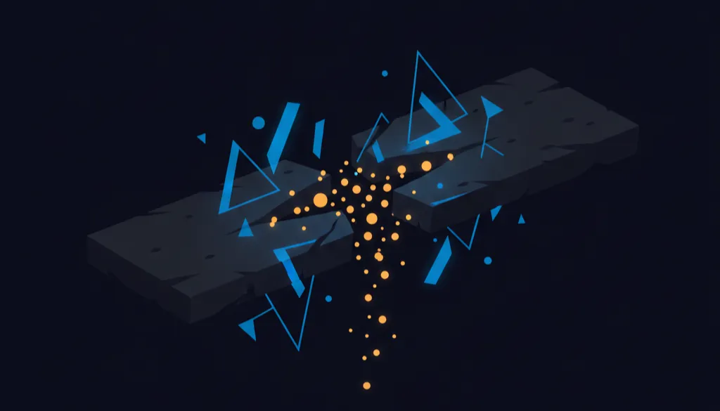 An abstract illustration showing amber circles falling through a narrow crack between two dark surfaces on a navy background