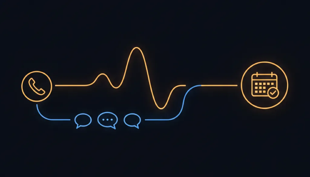 A phone icon on a dark navy background with an amber voice wave and a row of blue text message bubbles, both paths leading to a booked calendar appointment