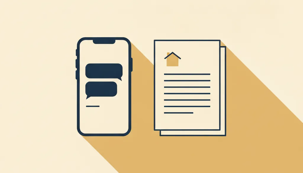 Flat illustration of a phone with an unanswered message thread beside a stack of home loan paperwork and a small house