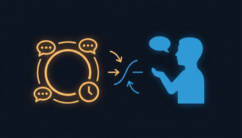 Abstract flat vector illustration on a deep navy background showing amber automated task symbols on the left and a blue human figure on the right, connected by directional flow lines